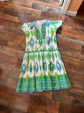 White Ikat-Print Dress with Blue & Green Accents